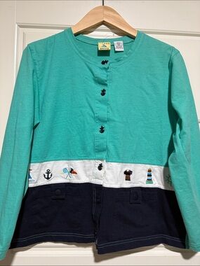 American Vintage onque petite Colorblock Henley Cardigan - Teal, White & Navy
